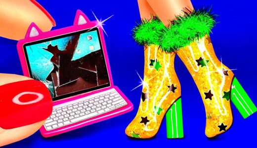 12 DIY SLIME HACKS for BARBIE: Broken and new Laptop, Boots, Squid Game Mask for Doll and more